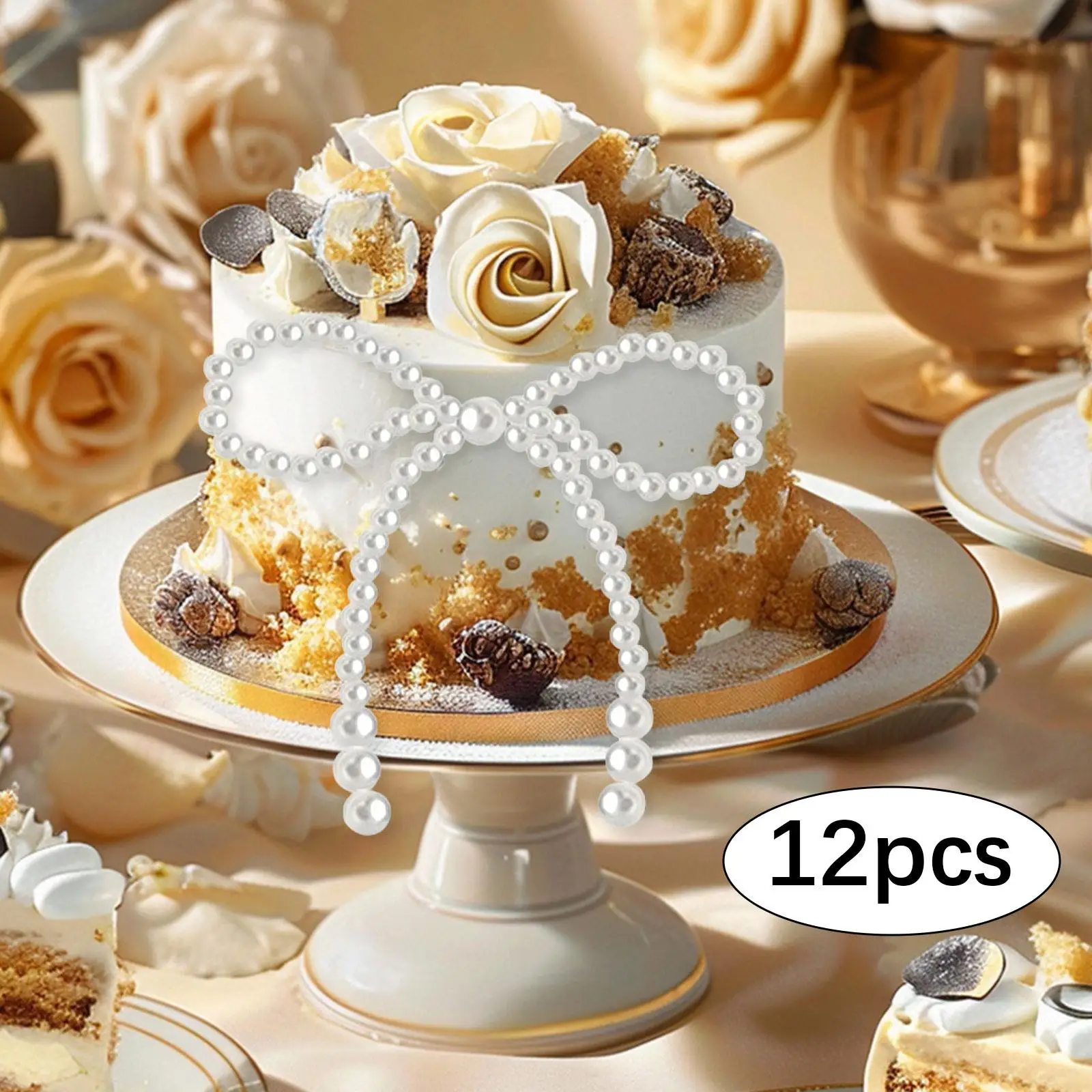 

12x Bow Cake Toppers DIY Accessories Baking Supplies Multifunction Pearl Bow for Party Bouquets Wedding Bridal Showers Birthday