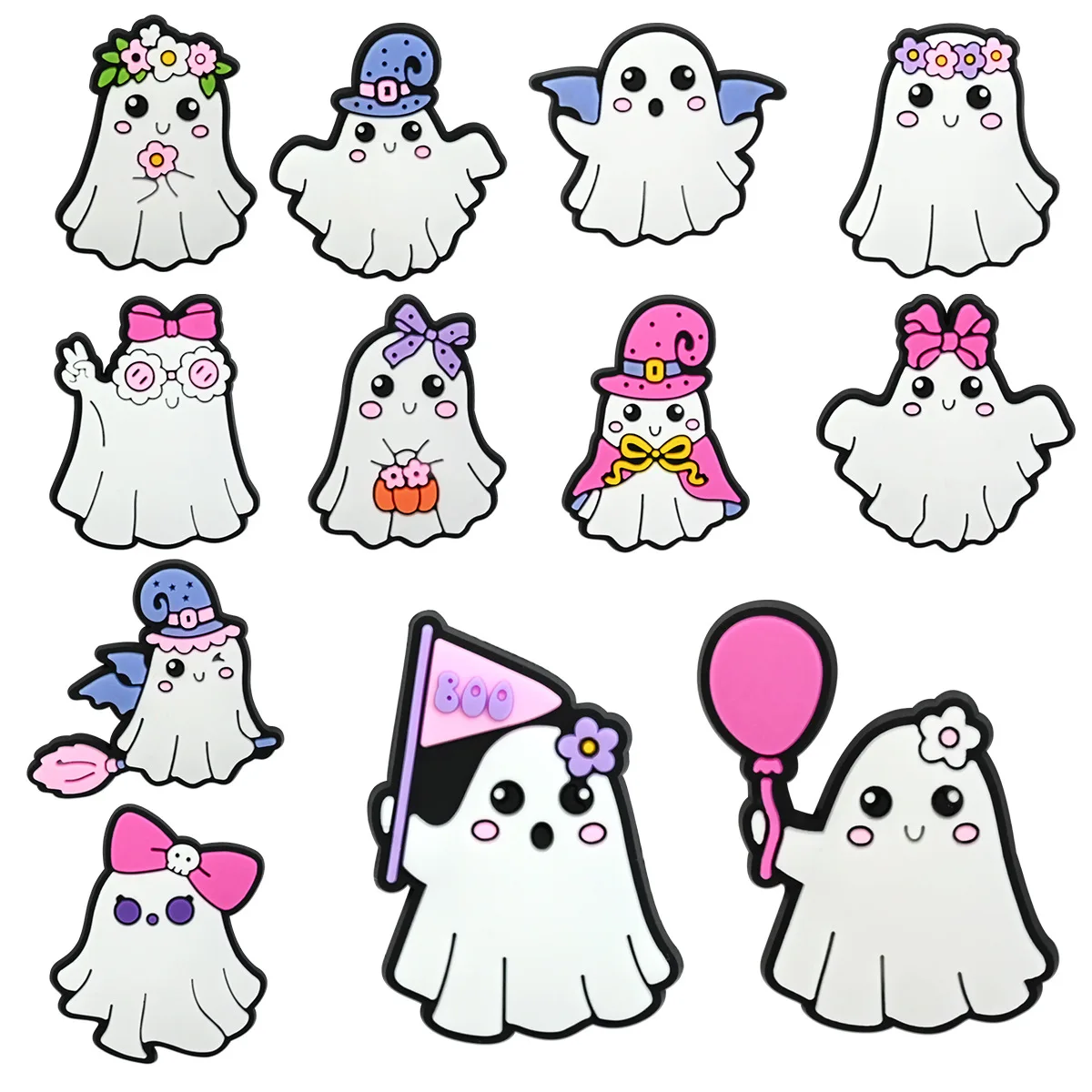 12Pcs Cartoon Pastel Ghost Shoe Charms Soft PVC Clog Decoration Halloween Shoe Accessories Fit Wristband Kids Party Gift