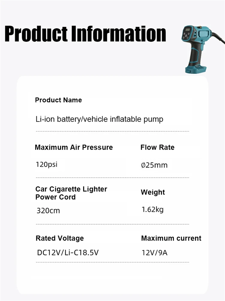 Bomba inflável sem fio com Display Digital, bomba de ar elétrica do carro portátil, Makita 18V bateria, ferramenta pneumática, sem bateria