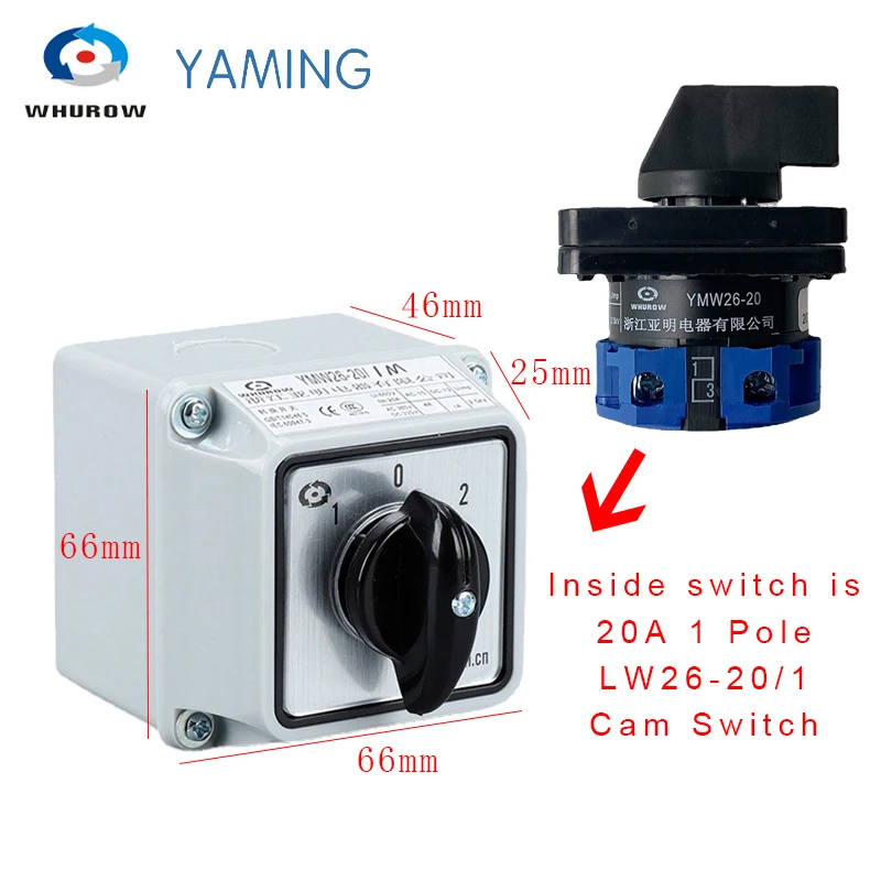 YMW26-20/1M Waterproof IP65 Rotary Cam Switch Changeover Control Circuit 690V 20A 1 Pole With Protective Box LW26 LW28 LW39B