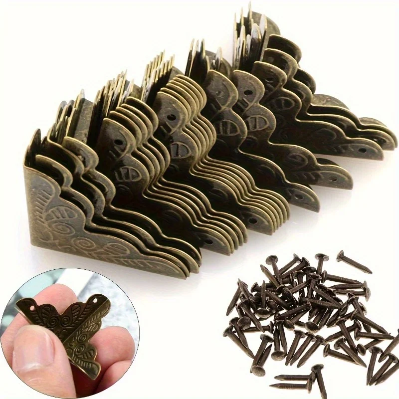 20 Sets Bronze Metal Corner Protectors with 160 Matching Nails - Latex-Free, Elegant Edge Guards for Boxes, Furniture, Shelves