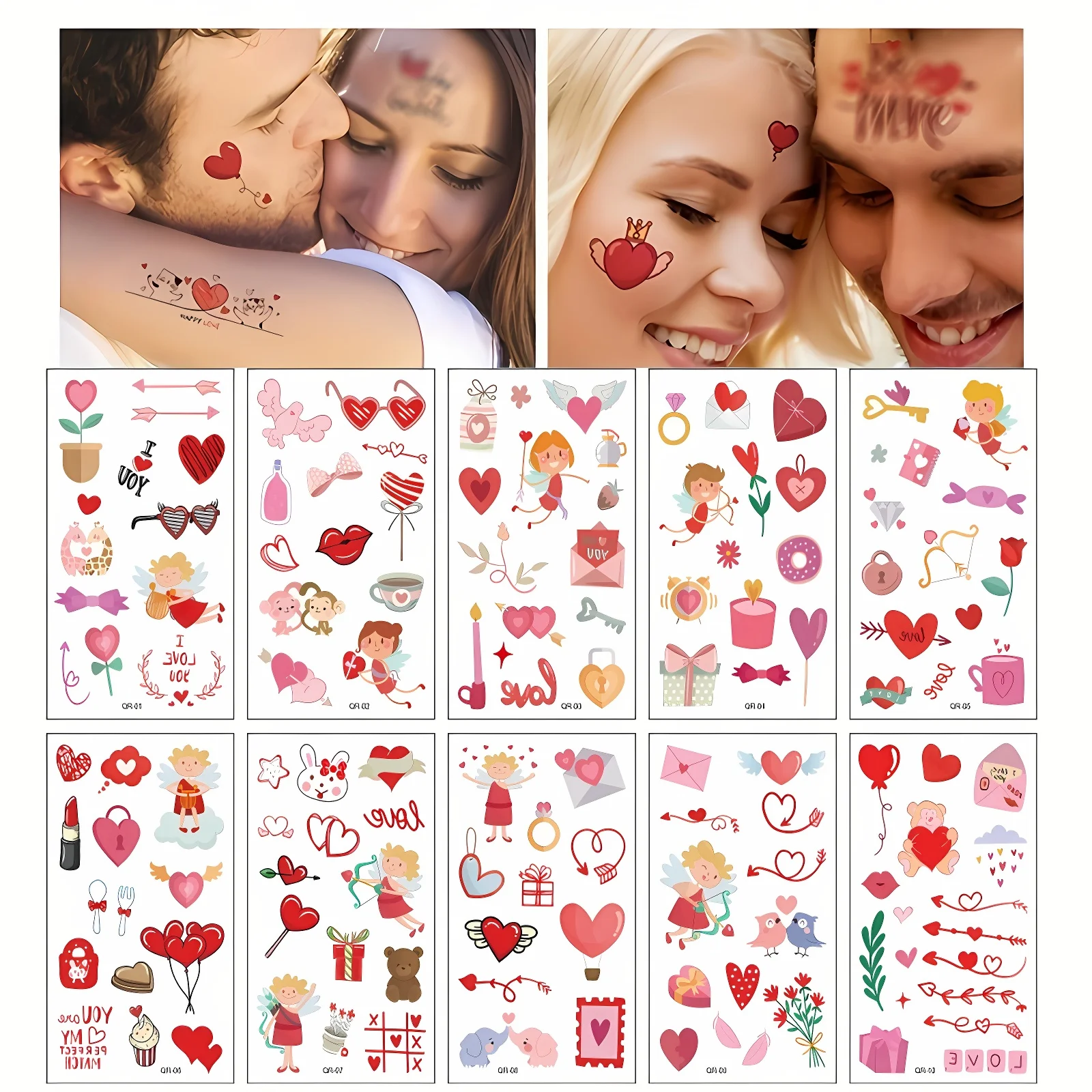 10pcs/set Valentines Heart Tattoos Temporary Waterproof Red Love Fake Tattoss Decal Stickers for Kids Girls Boys Women Face Body