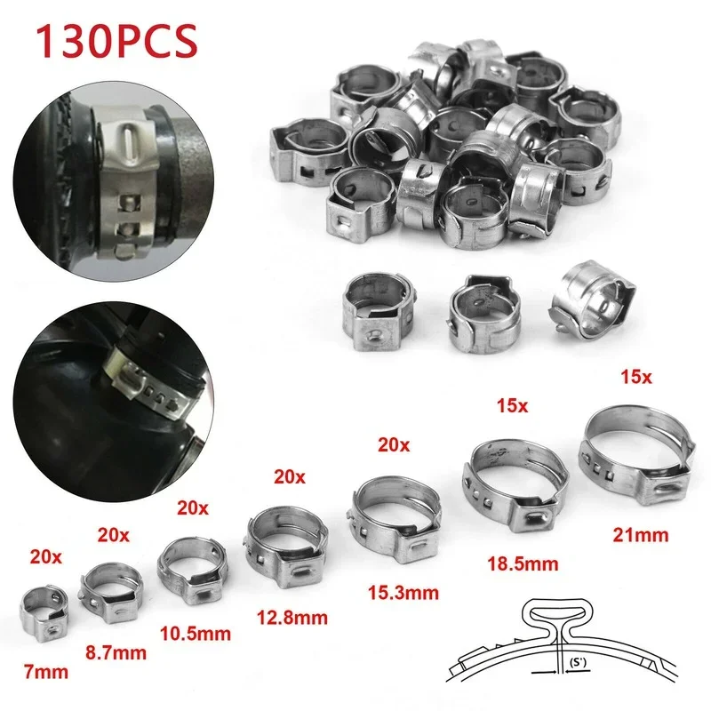 130pcs Single Ear Stepless Hose Clamps 7-21mm 304 Stainless Steel Hose Clamps Cinch Clamp Rings Hose Clip Clamp or 1PC Pliers