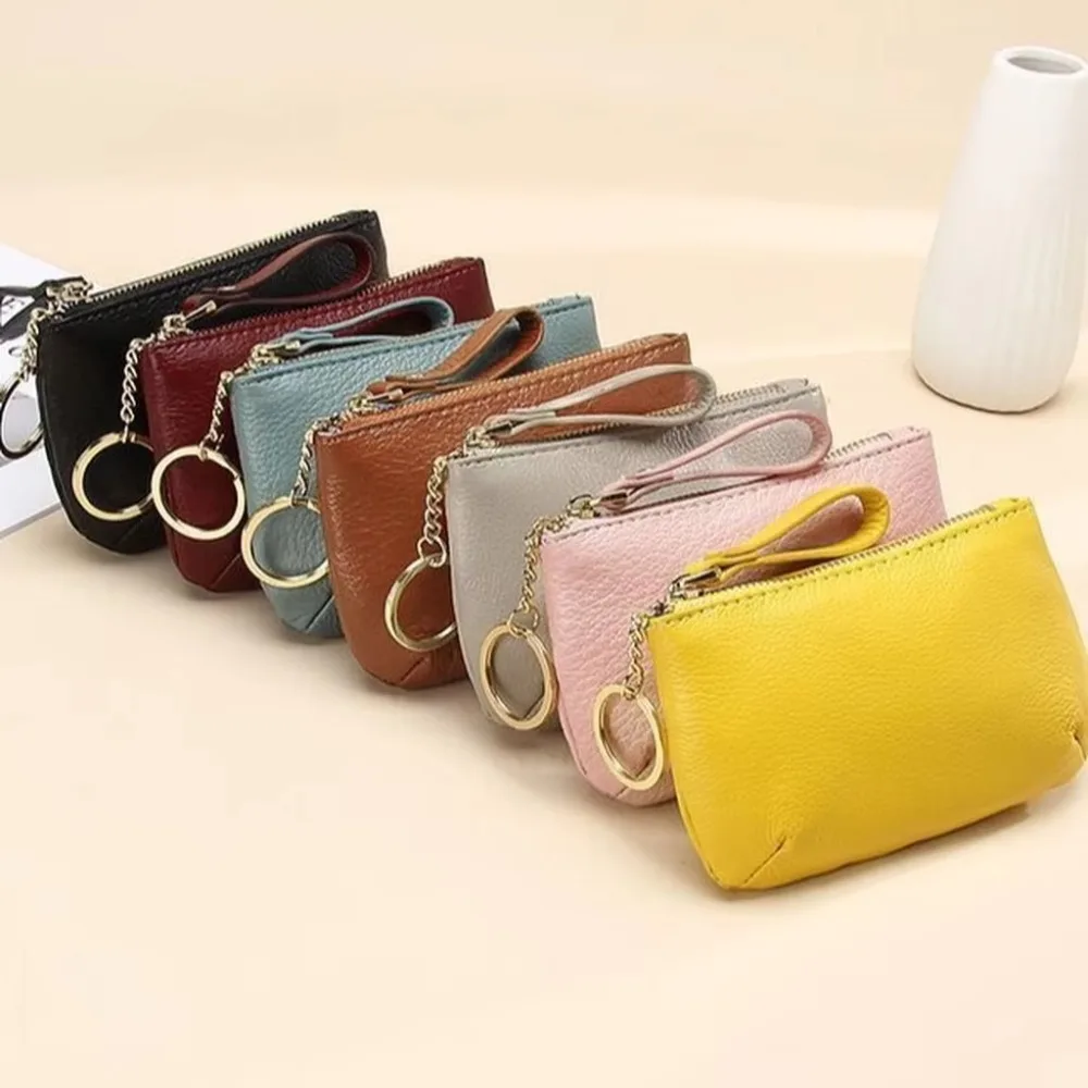 Fashion Soft Leather Mini Coin Purse Waterproof Slim Short Wallet With Keychain Solid Color Zipper Change Pouch Women