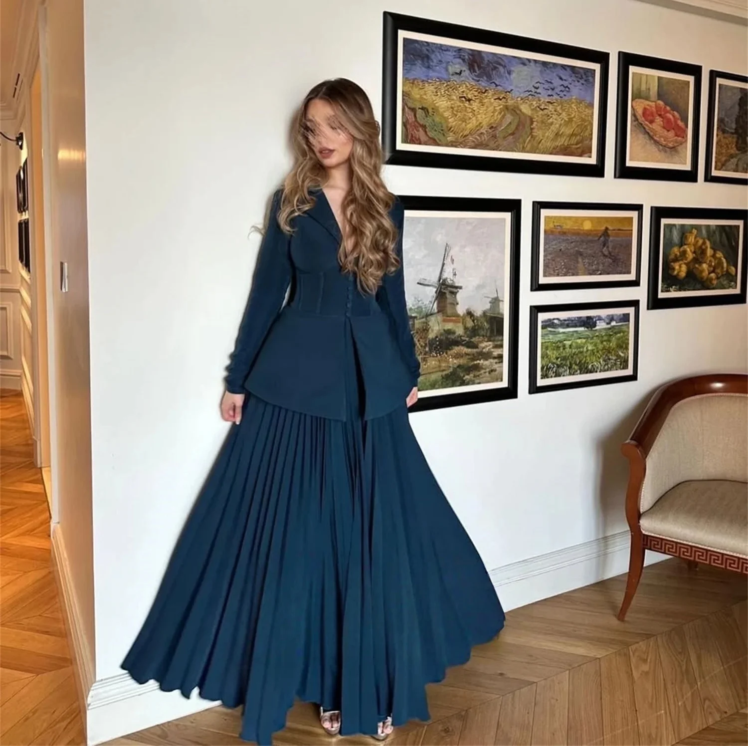 Blue Long Sleeves Bespoke Occasion Gown Evening Dresses Pastrol Unisex Jersey Retro Dubai Saudi Arabic Israel Prom Customized