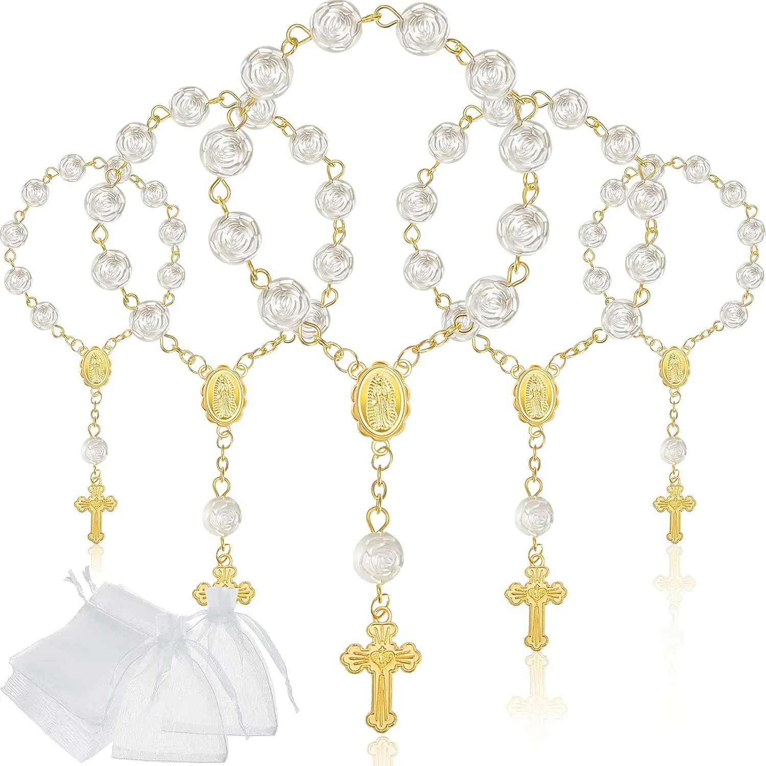 

10-60 Pieces Mini Rosaries Baptism Rosary Beads Acrylic Ivory Color Finger Baptism Rosaries Faux Pearls with Organza Bags