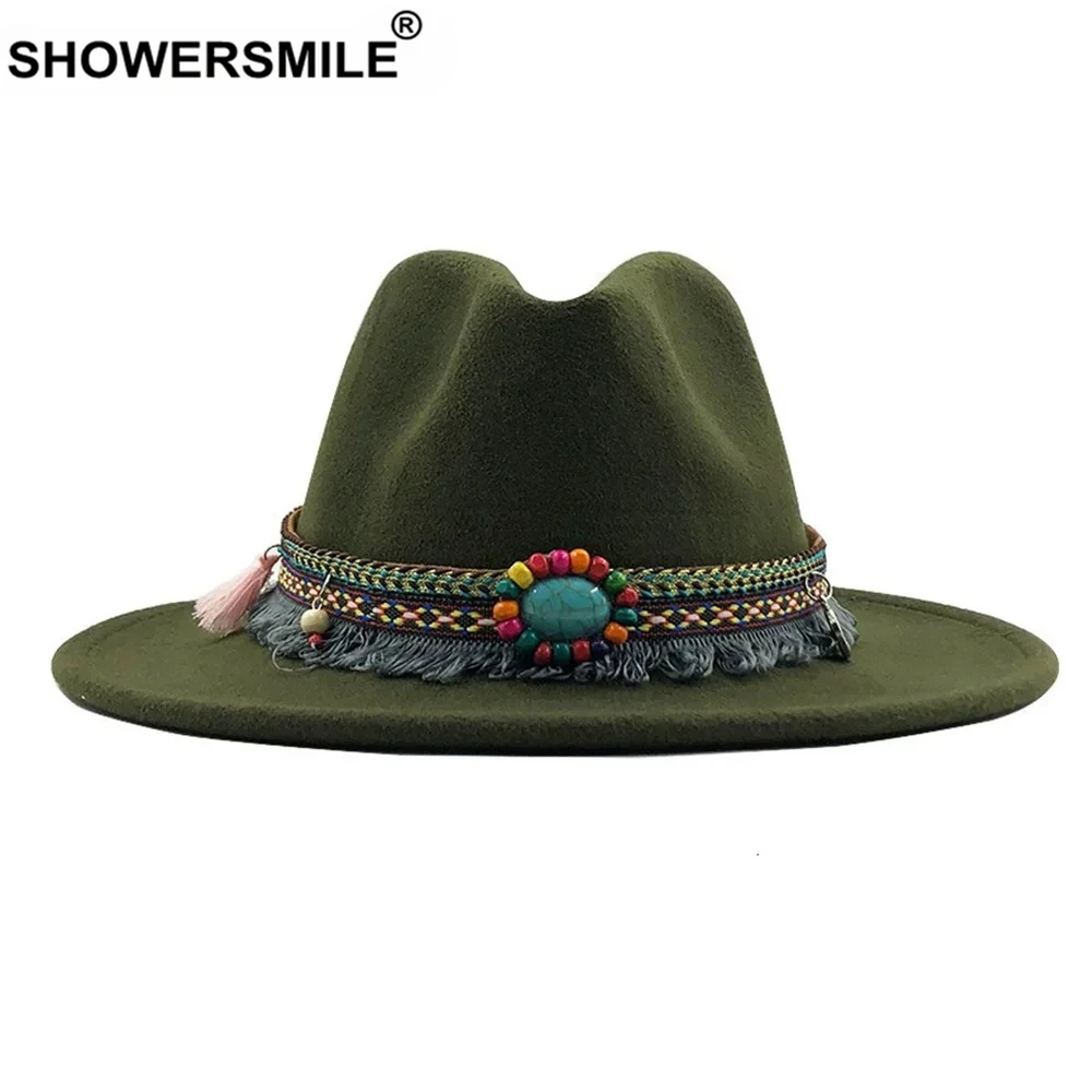 

Fashion New Design Green Women Men Ladies Fedoras Top Jazz Hat Cotton Autumn Winter Ethnic Style Belt Decoration Felt Hat Yellow