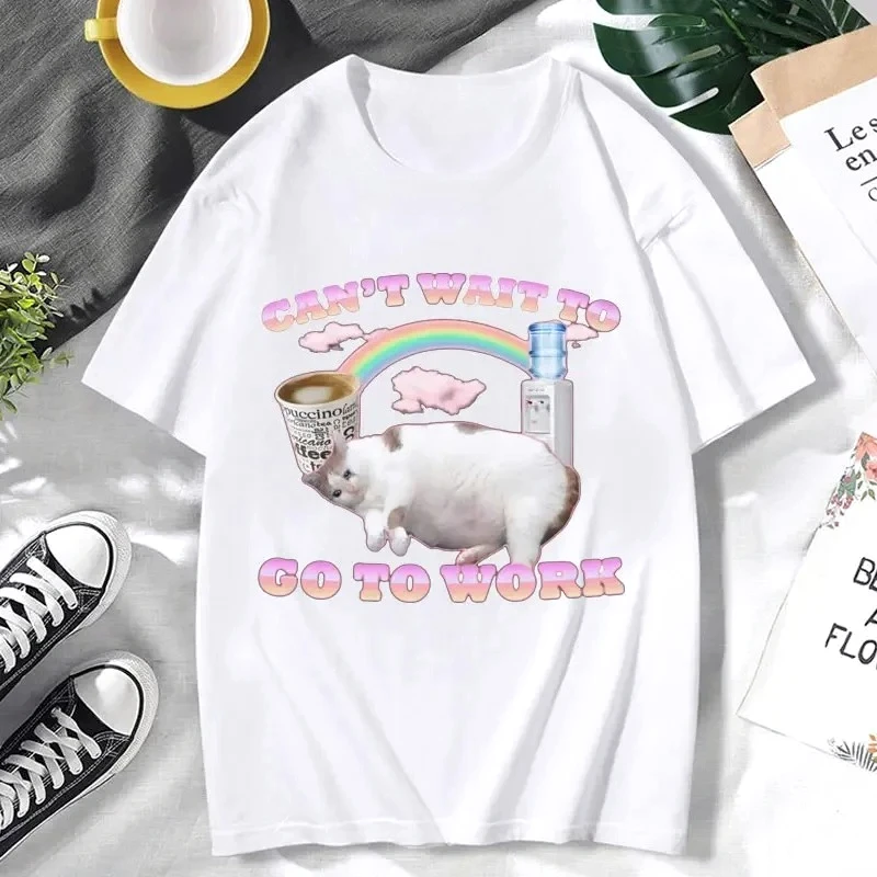 Can't Wait To Go To Work Funny Cat Meme Women's Clothing Vintage Gothic Rock Punk Short Sleeve Promo T-shirt Summer Streetwear