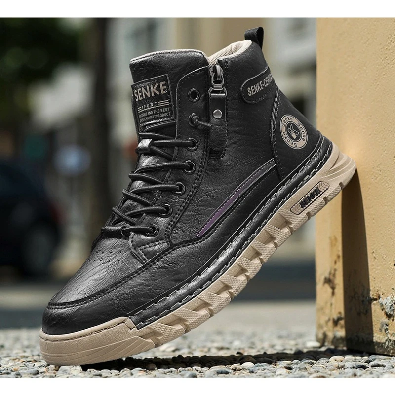 

Men's High-top Retro Style Leather Durable Flat Mid-top Lace-up New High-quality Brand Design Large-sized Round-toe Work Boots