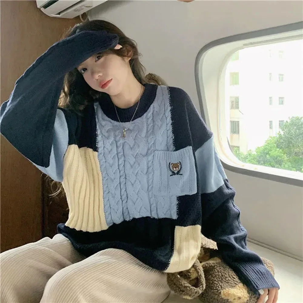 

Winter Loose Sweater Women Harajuku High Street Jumper Thicken Warm Pullover Female Causal Patchwork Sweaters Girl Knit Top 2023