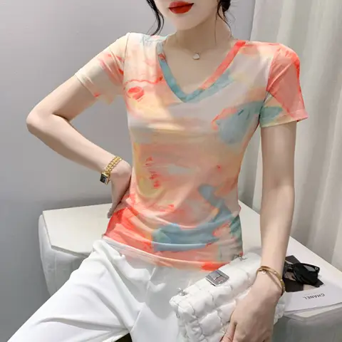 #5653 여름 스트리트웨어 메쉬 티셔츠, V넥, 섹시 스키니, 짧은 티셔츠, 여성 타이 염색, 오피스 반팔, 얇은 Best5
