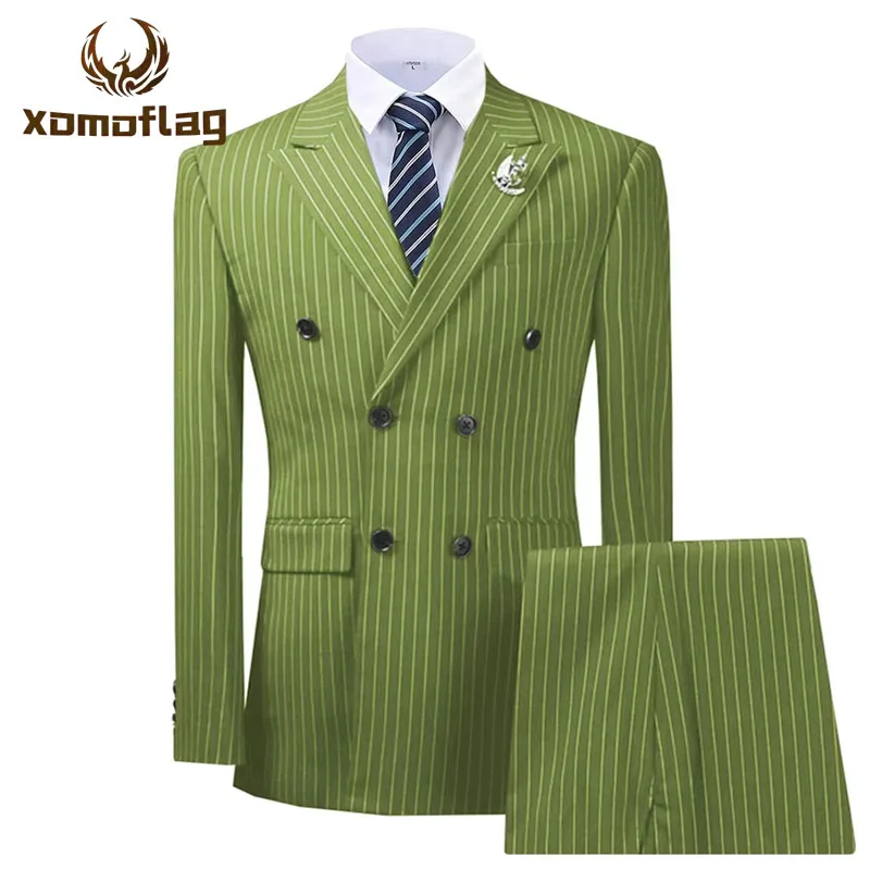 

Olive Green Striped Mens Suits Double Breasted For Wedding Custom Made Man Costume Groom 2-Pieces Tuxedos Best Man Blazer Pants