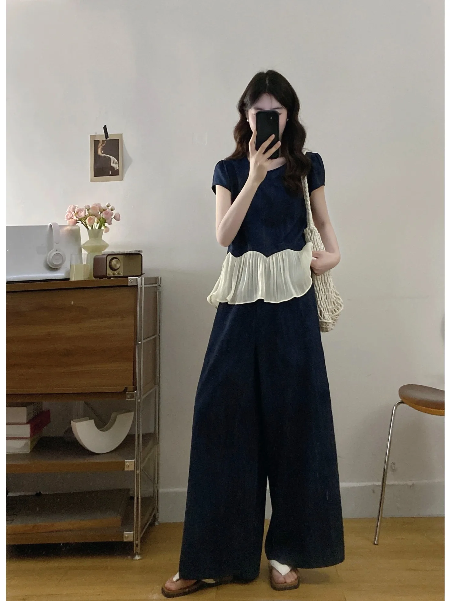 

plus Size Casual Set Summer New Style Color Block round Neck Short Sleeve High Waist Wide Leg Pants Fashionable Two-Piece Suit