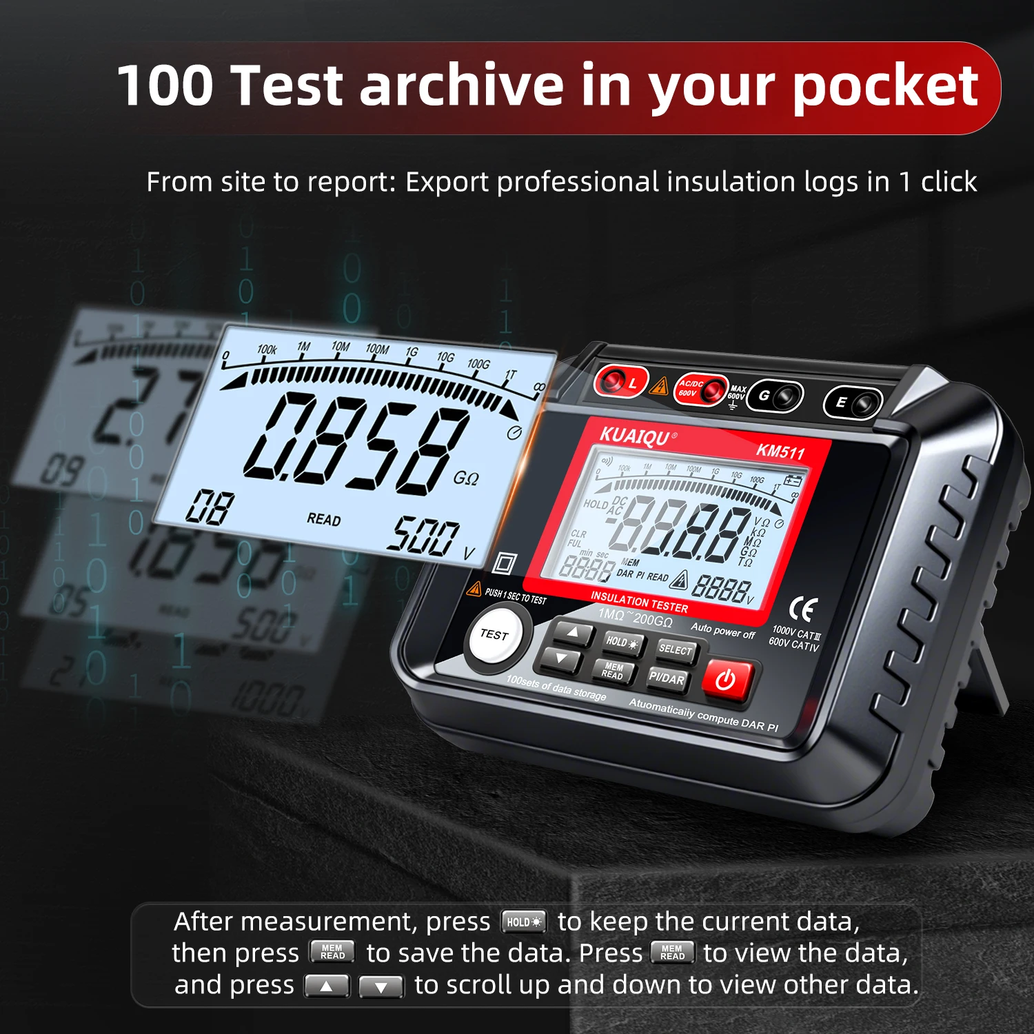KUAIQU 1000 فولت/2500 فولت مقياس Megohmmeter الرقمي 1MΩ ~ 200GΩ العزل الأرض المقاومة متر فاحص 0.1MΩ ~ 10GΩ التيار المتناوب/تيار مستمر الفولتميتر 10-600 فولت