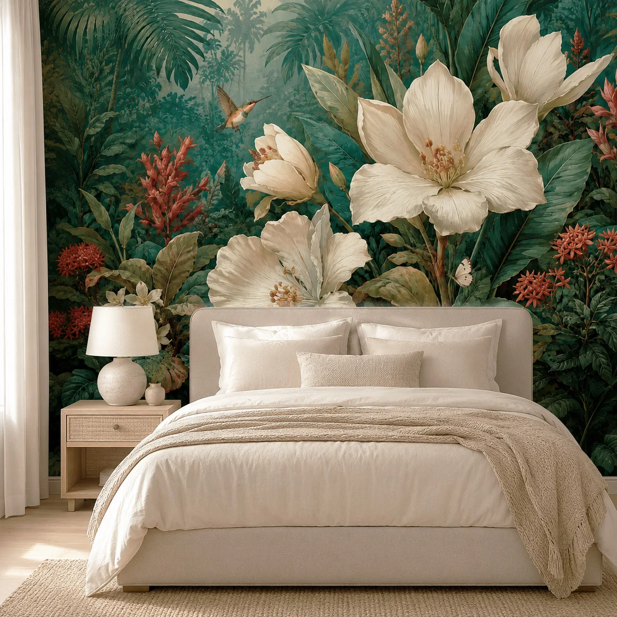 Floral Wall Mural, Tropical Magnolia Wallpaper, Vintage Botanical Jungle Non Self Adhesive Living Room Bedroom Luxury Wall Decor