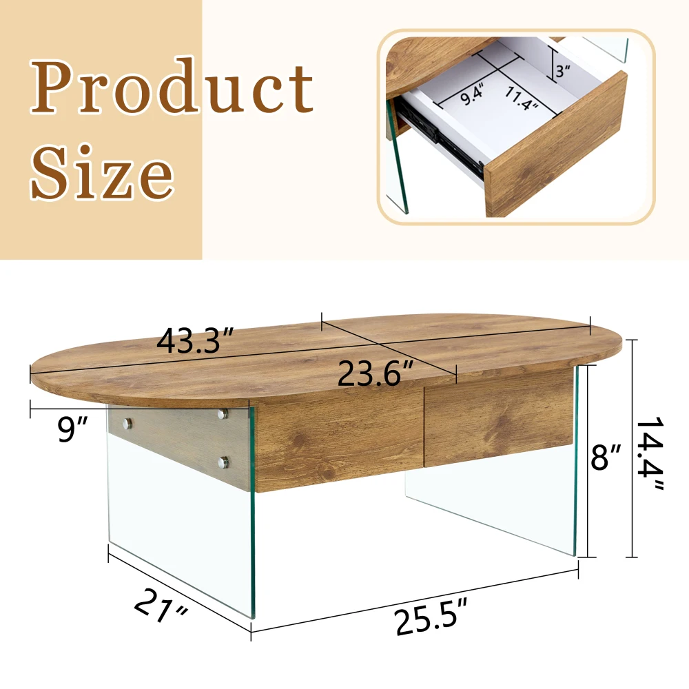Cozy Natural Oval Double Drawer Coffee Table - 43.3"x23.6" Multi-Functional Design.Coffee table with double drawers.