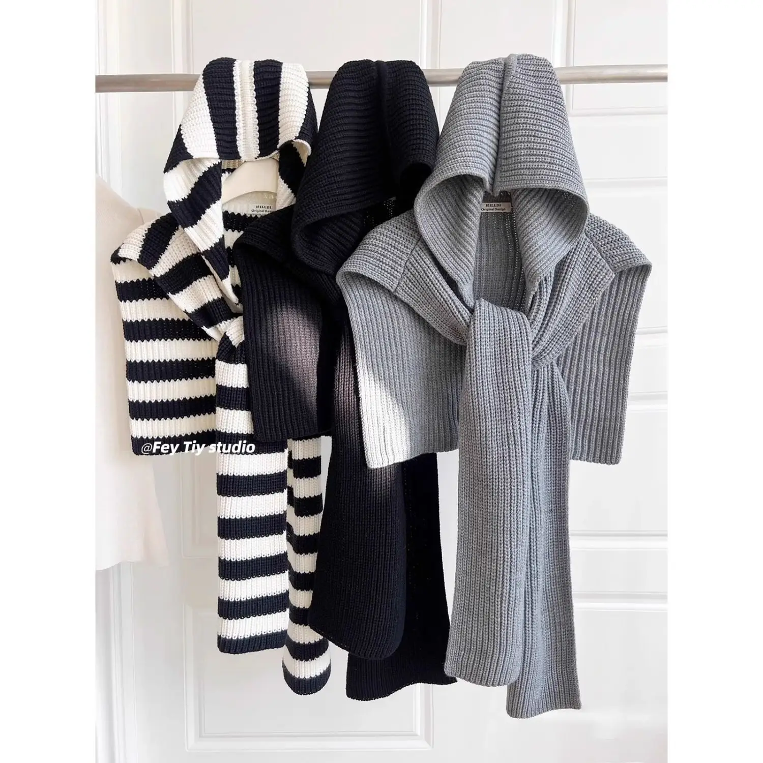 Design Sense Striped Knitted Hooded Shawl Women's Autumn and Winter Warm Scarf Hat Integrated Outer Vest Neck Protection Scarf