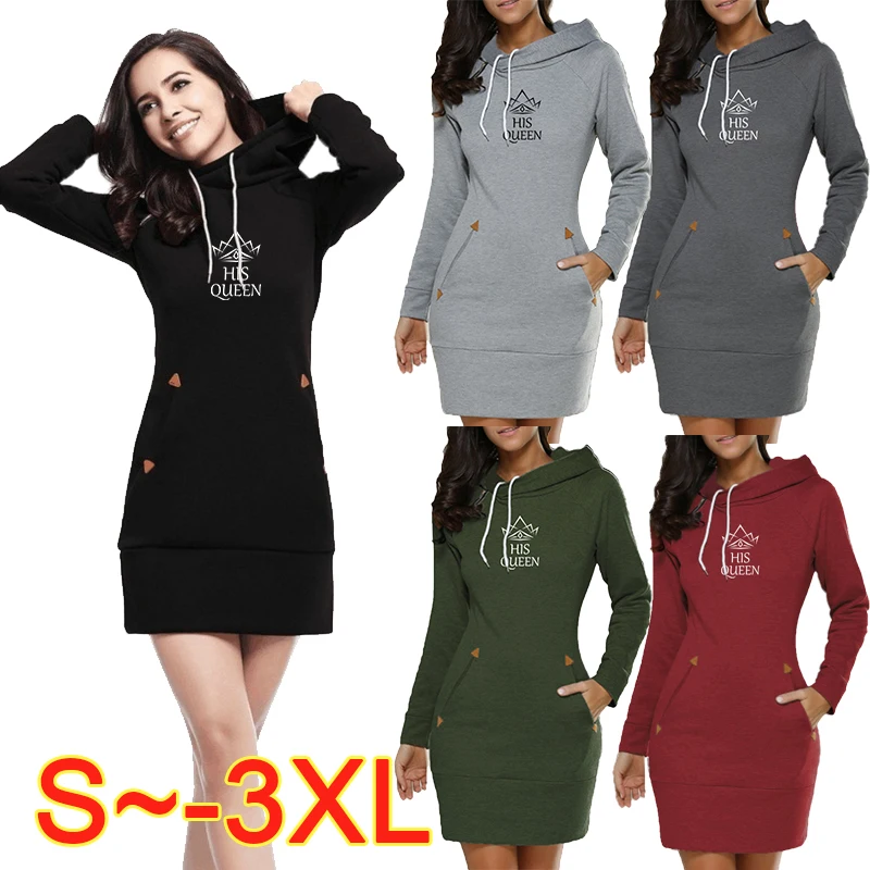 

New Women's Casual Long Sleeve Hooded Pullover Dress Loose Print Hooded Dress Slim Fit Dress S-3XL