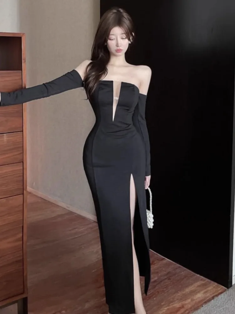 Topenomi Black Strapless Party Dress Women Sexy Patchwork Mesh High Waist Slim Split Evening Cocktail Dresses Fashion Prom Robe