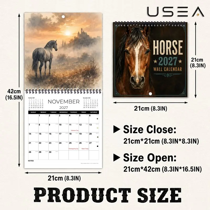 2027 Vintage Horse Wall Calendar, US Federal Holidays,Farmhouse Aesthetic Decor,Christmas Gift for Horse Lovers Coworker Teacher