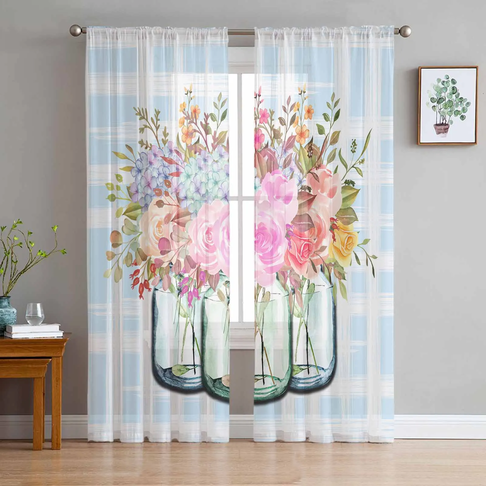 

Floral Leaf Grid Gradient Window Treatment Tulle Modern Sheer Curtains for Kitchen Living Room Bedroom Curtains Decor