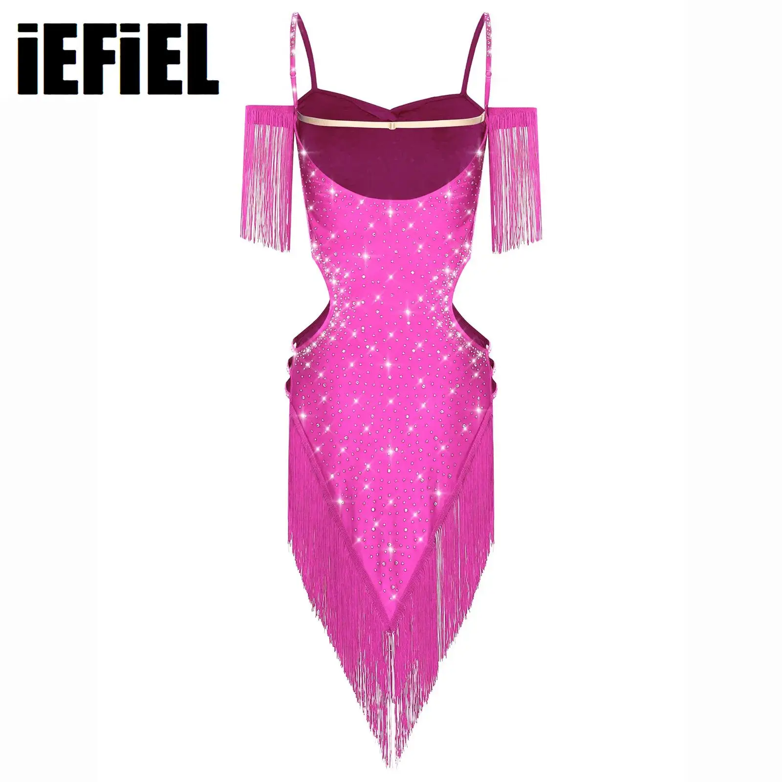 

Women Tassel Latin Dance Dress Cutout Backless Fringe Rhinestone Figure Skating Cha-Cha Tango Salsa Ballroom Performance Costume