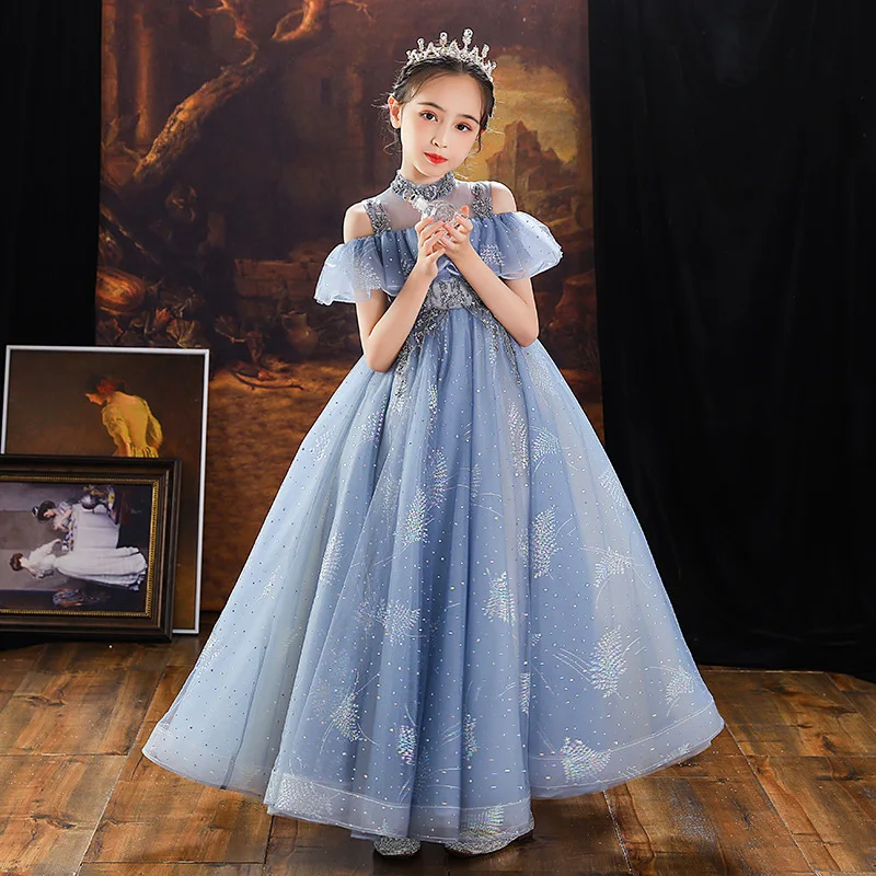 Newest Kids Princess Dresses Evening Party Elegant Girls Tulle Gowns School Banquet Children Host Slim Fit Fashion Costumes