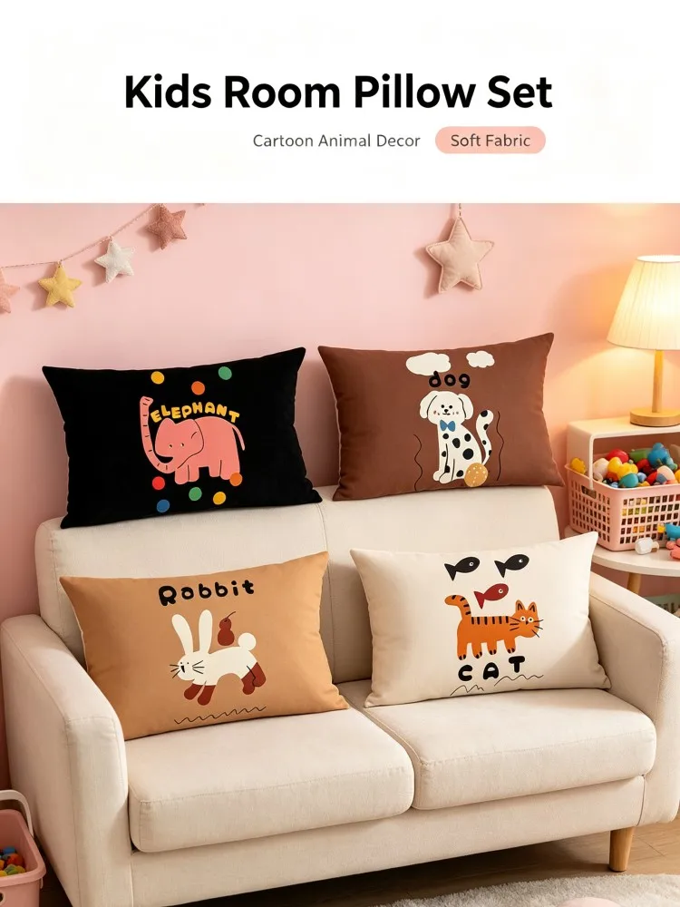 Cartoon Animal Lumbar Pillow Covers Elephant Dog Rabbit Cat Rectangle Cushion Cover Decorative Pillowcase For Children Sofa Bedr