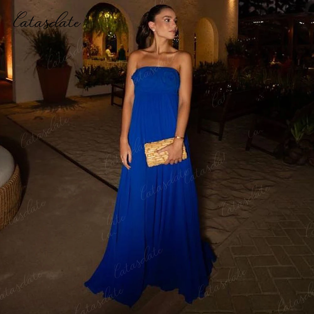 Catasdate Royal Blue Evening Dresses with 3D Flowers Strapless Party Dress for Women Long Prom Dress 2024 vestidos de fiesta