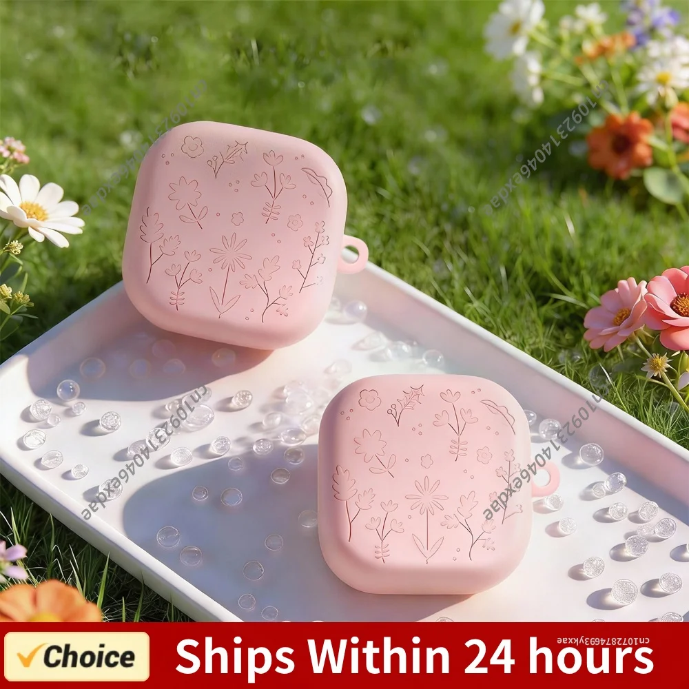 Engraved Flower Protective Skin Cover for Samsung Galaxy Buds4/4Pro Soft Silicone Protector with Keychain Scratch-Resistant