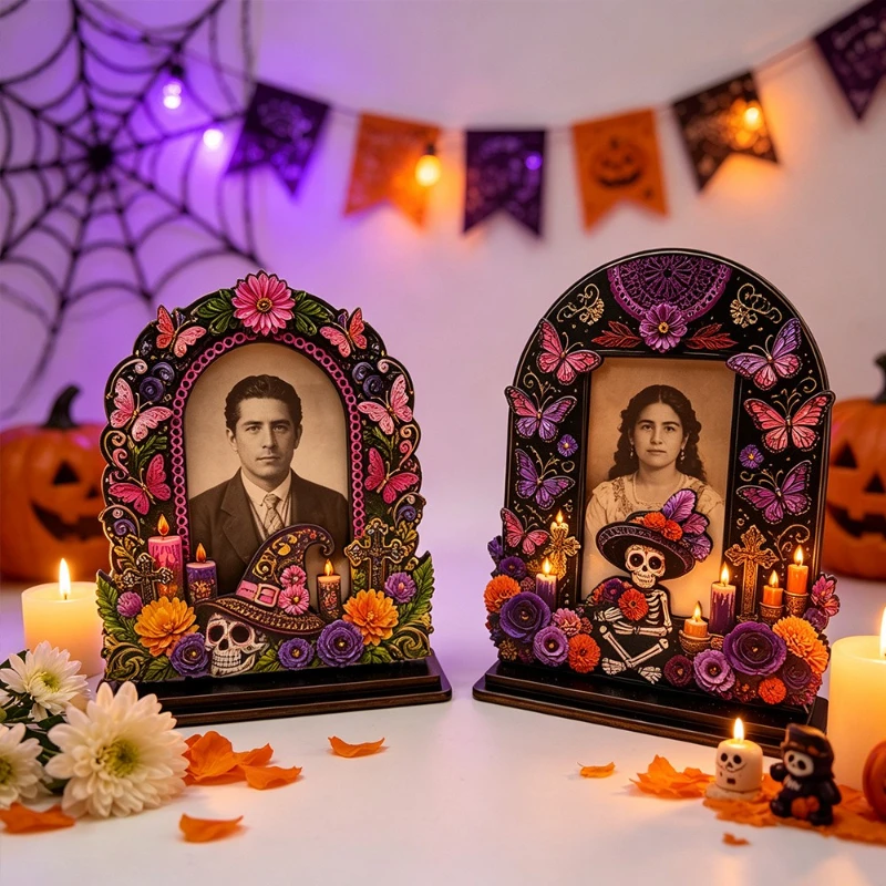 Day of the Dead Painted Wooden Memorial Frame – Skull Butterfly Retro Arch Tabletop Decor