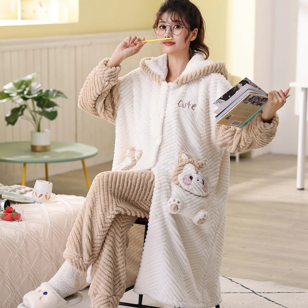 Women\'s Pajamas Set Winter Warm Sleepwear Nightdress Two Pieces Suit Flannel Thick Nightwear Animal Cosplay Nightgown Pijama Set