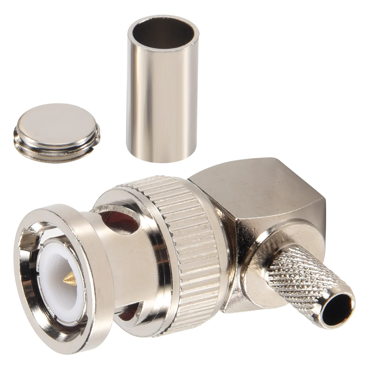 Crimpagem de ângulo reto de plugue macho BNC para conector adaptador coaxial RF RG58 RG400 RFC195, silverJAS