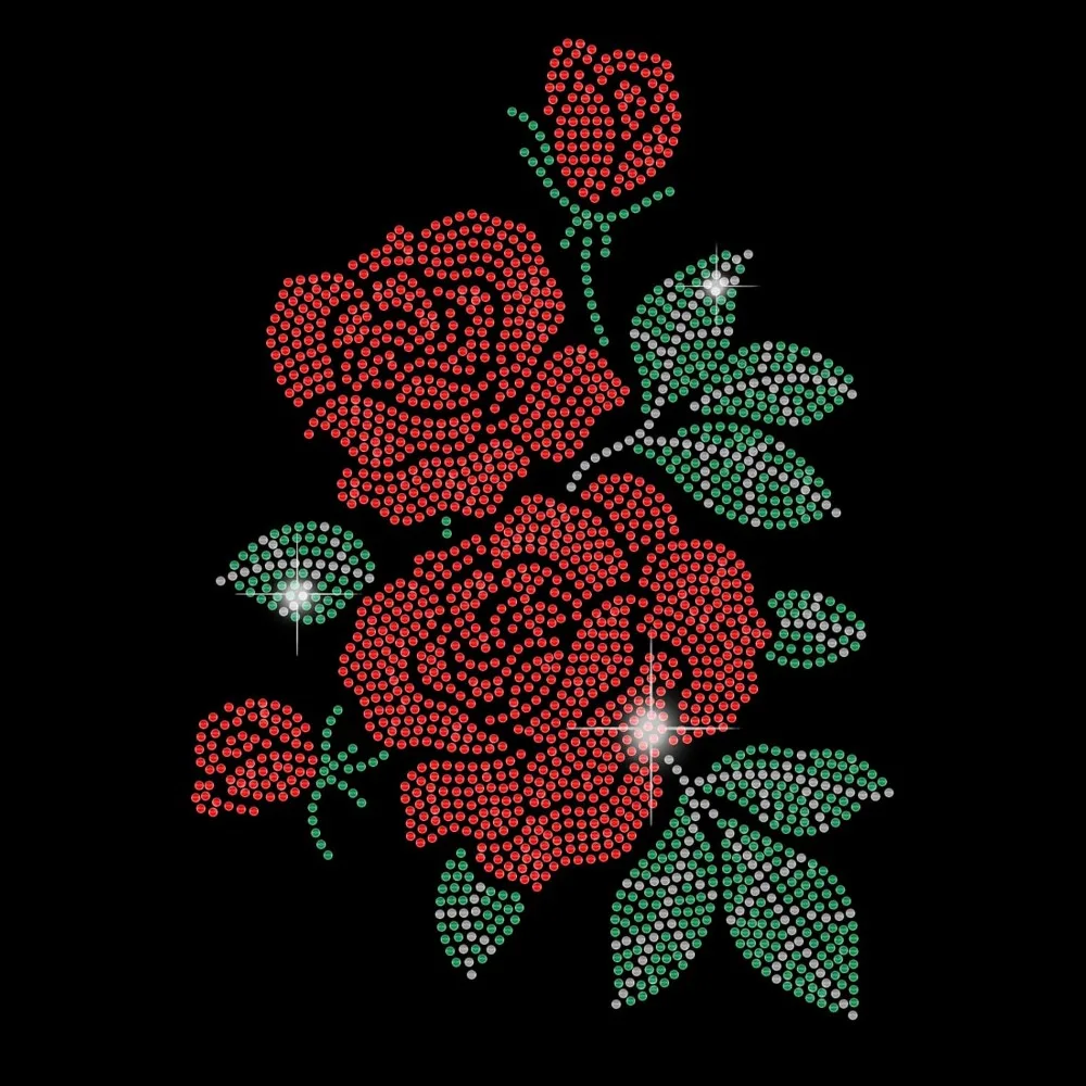 Red Roses Iron on Rhinestone Heat Transfer Crystal Decor Bouquet Flower Green Leaf Clear Bling DIY Patch Clothing