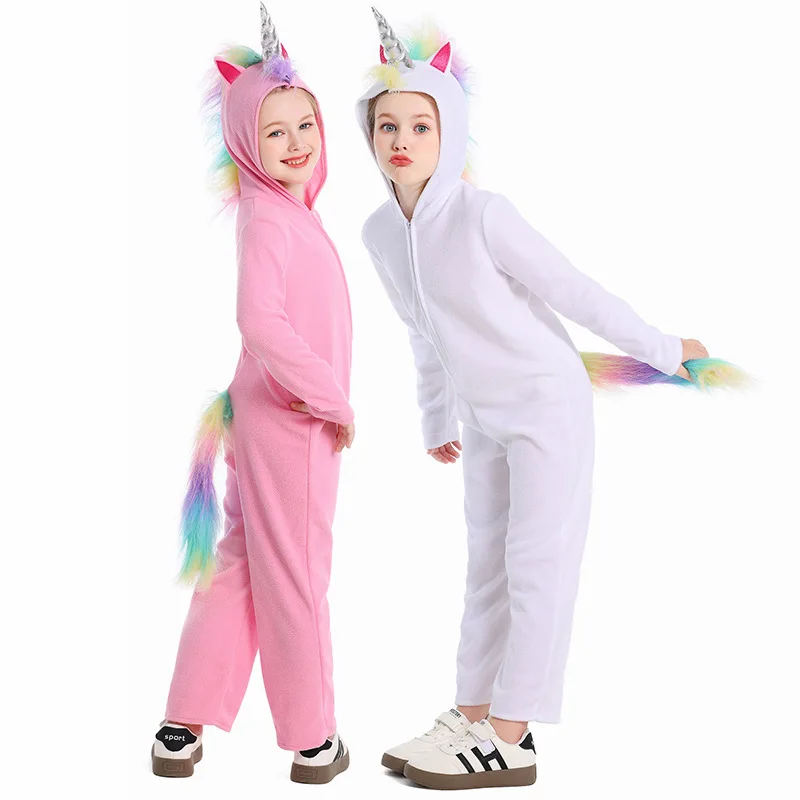 Disfraz de Halloween para niñas, disfraz de unicornio arcoíris, blanco puro, rosa, traje para actuación en escenario, monos de juego de rol de animales para niños