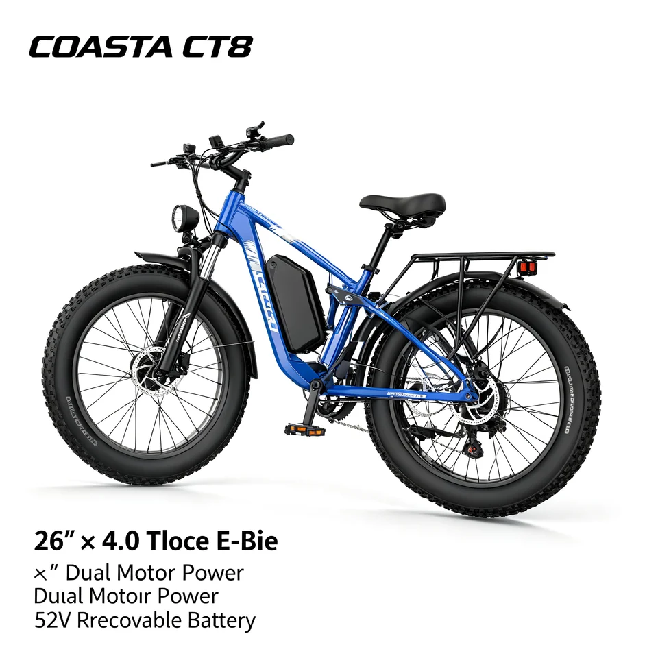 COASTA CT8 Blue 26"×4.0 Fat Tire Electric Bike Dual Motor Full Suspension E‑Bicycle 3000W Peak 60V Removable Battery Hydraulic Disc Brake Shimano 7‑Speed LCD Display LED Headlight Max Load 150KG For Snow Beach Mountain Off‑Road Riding