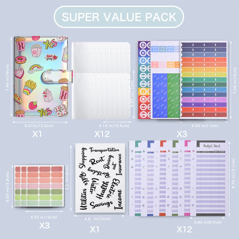 A6 Cartoon Laser Binder Budget Planner Notebook Covers Folder  Binder Pockets Plastic Binder Zipper Money Saving Envelope