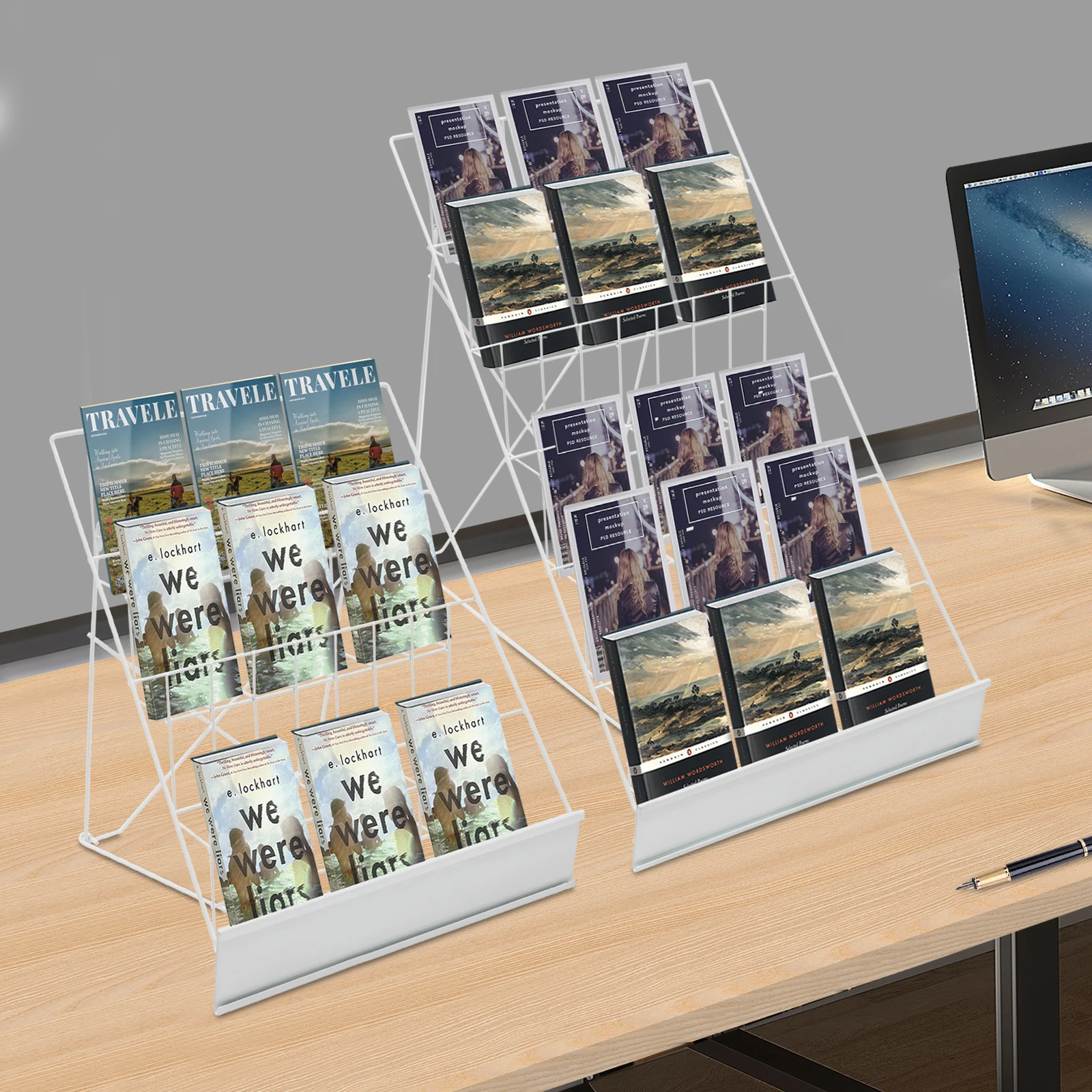 Magazine Newspaper Display Stand 4+6 Tier, Wire Book Rack with Flap and Side Rails for Office School Classroom Store White