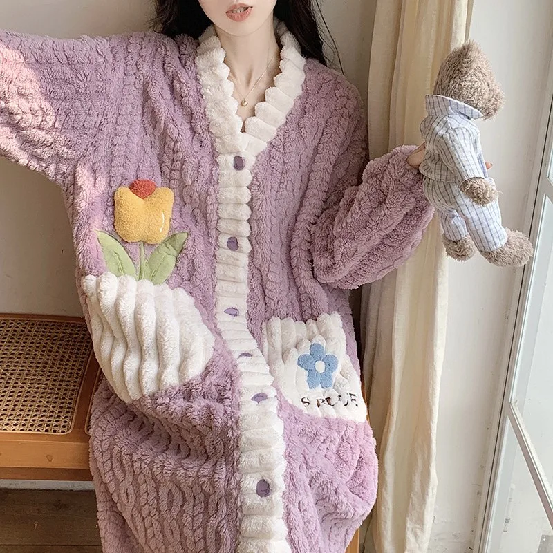 5 Colors Cute Homewear Pajamas Fleece Nightwear Women Winter Warm Thick Coral Velvet Bathrobe Nightgown Sleepwear