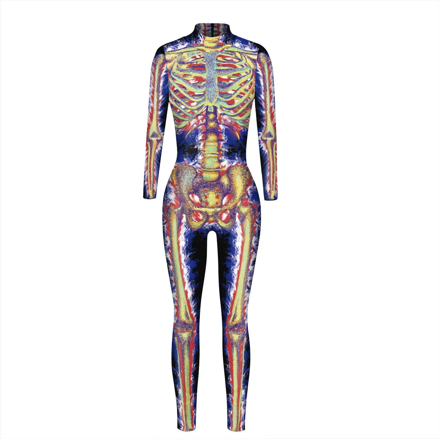 Festtags-Karnevalskostüm Skelett-Bedruckte Bodysuits für Frauen Bunte Halloween-Cosplay-Jumpsuits Zentai-Catsuit – Detail 4