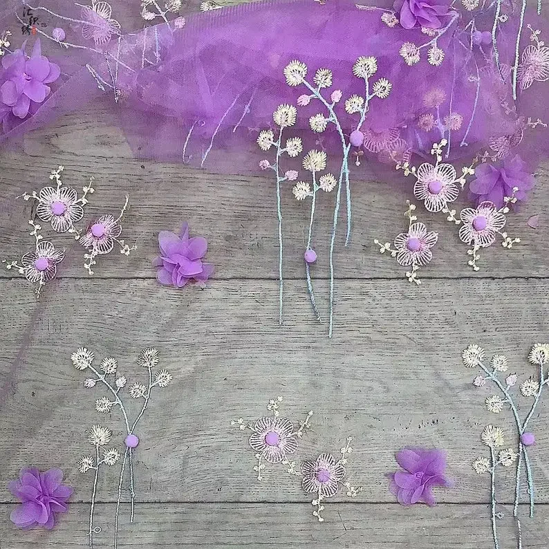 

6 Colors 3D chiffon Flower pompom embroidery Lace Fabric flower mesh lace For Wedding Dress Bridal Dress Veil Girl Dress