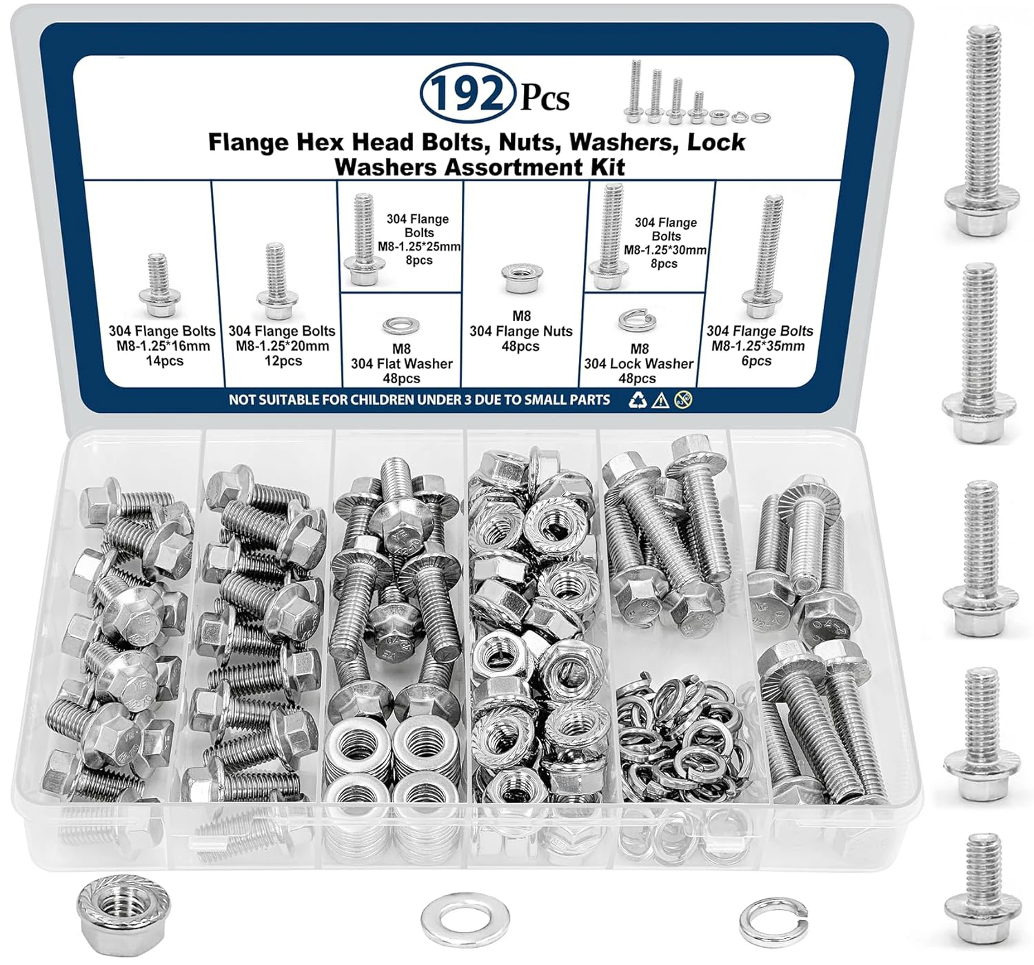 

M8-1.25 bolt x (length 16 - 35 mm) 192 pieces 304 stainless steel flange hexagon head bolt combination set, including 8 mm bolt,