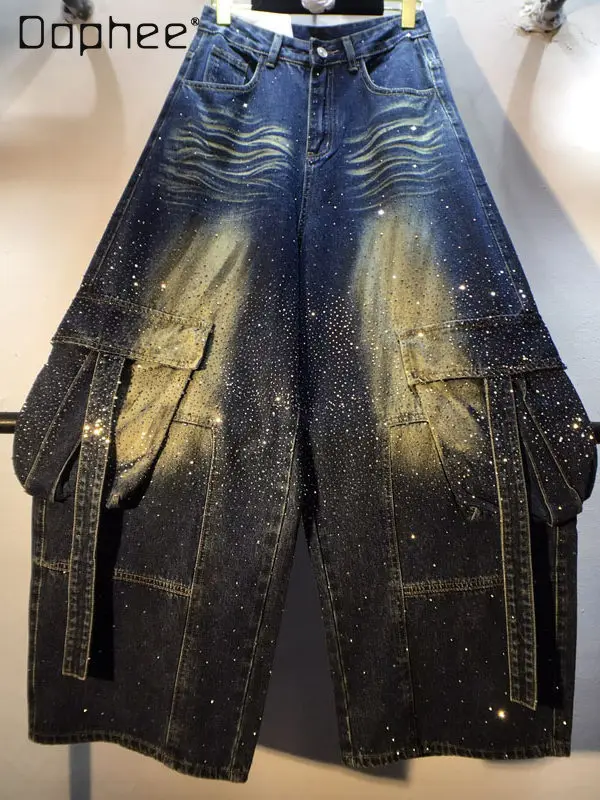 2026 Spring Clothing Heavy Industry Hot Diamond High Waist Skinny Tooling Wide Leg Straight Jeans Trousers Women's Pants