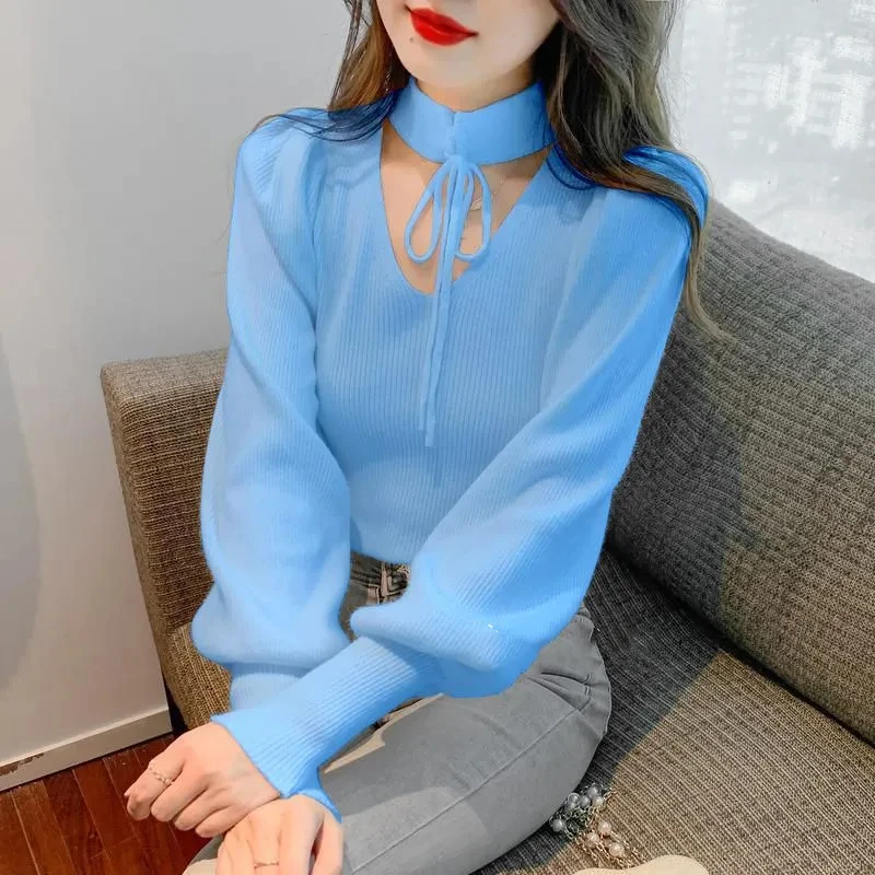 Fashion Multicolor Bishop Sleeve Women Spring 2024 New Hollow Knitting Western Style Long Sleeves Lacing V-neck Bottoming Shirt