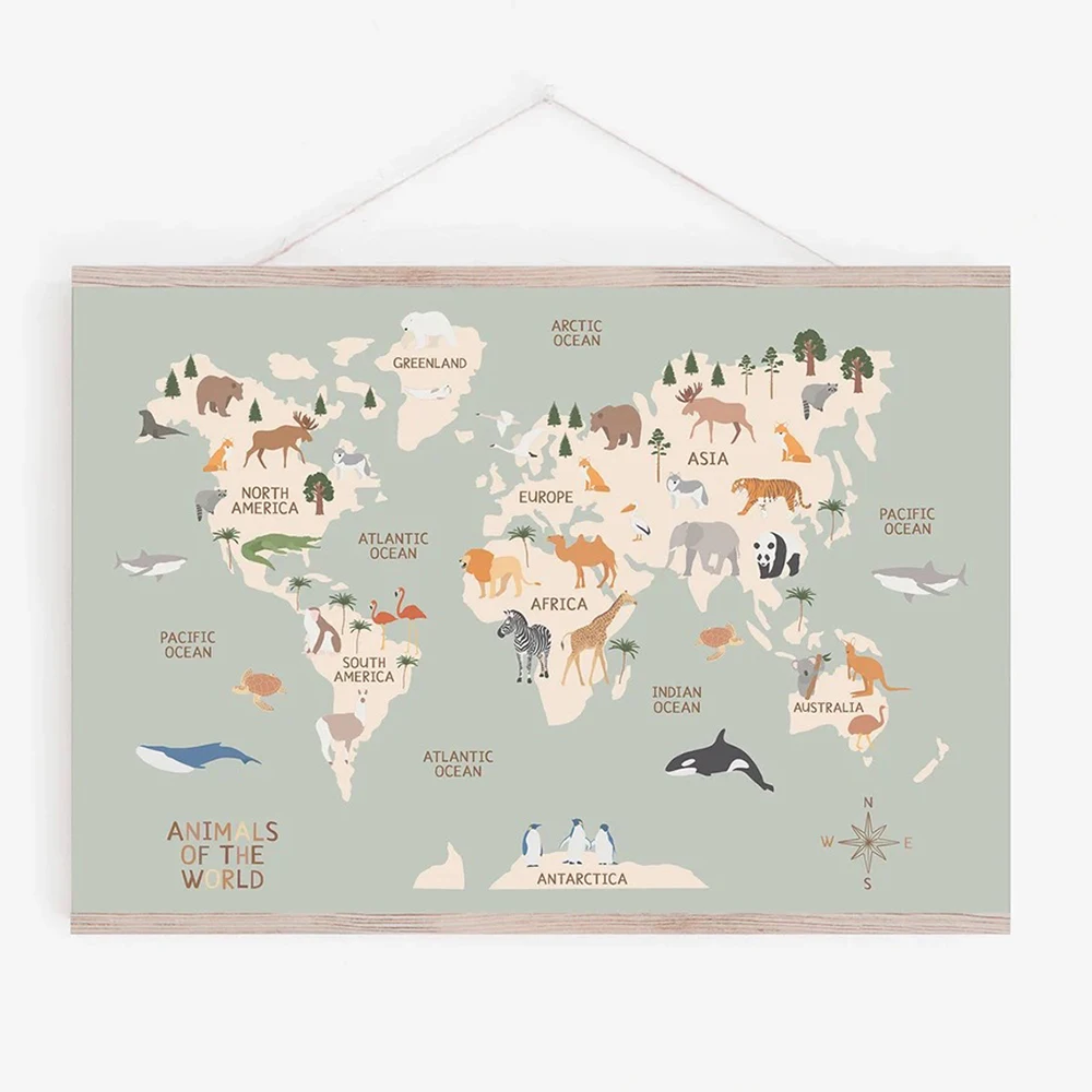 Mapa del mundo, pintura en lienzo, tema de animales Pastel, arte educativo de pared, carteles nórdicos e impresiones de imágenes para decoración de