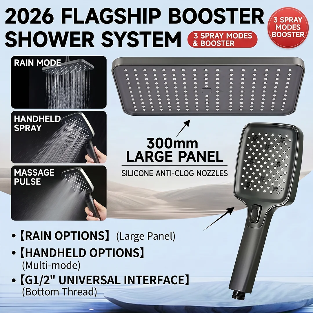 High Pressure Rainfall Shower Head Combo with 3 Modes Handheld, 300mm Large Panel G1/2 Universal Bathroom Booster System