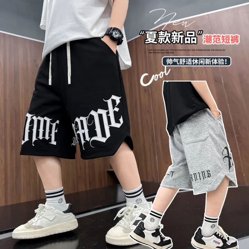 Loose Style Children Summer Cotton Shorts for Boy New Casual Letter Print Shorts Pants Elastic Waistband Bottoms 5 7 9 11 13 14Y