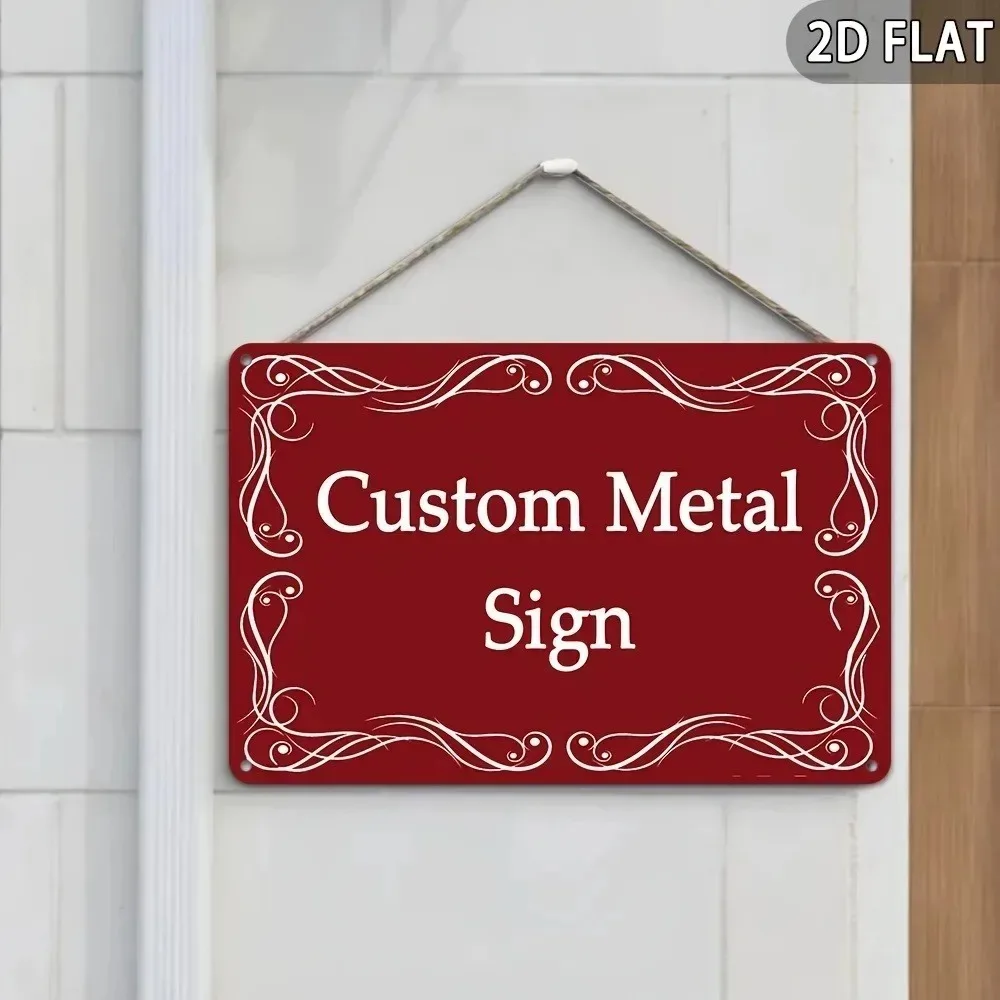 CIFbuy Customizable Retro 2D Flat Wine Red Metal Plaque,Ornate Scroll Floral Border,Personalized Hanging Decor for Home Entrance