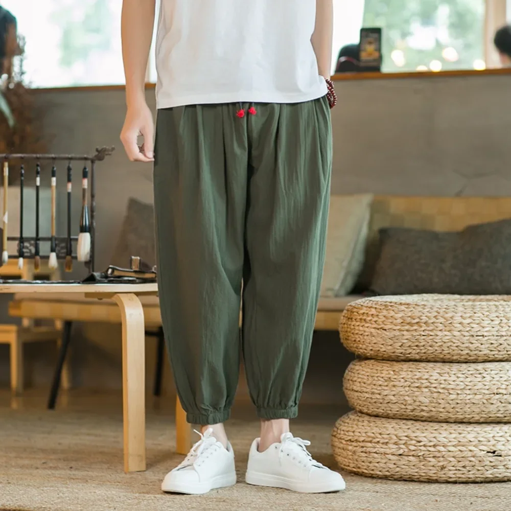 Men\'s Casual Solid Color Harem Pants Cotton and Linen Loose Oversize Beach Pants Jogger Sweatpants Male Wide Leg Trousers