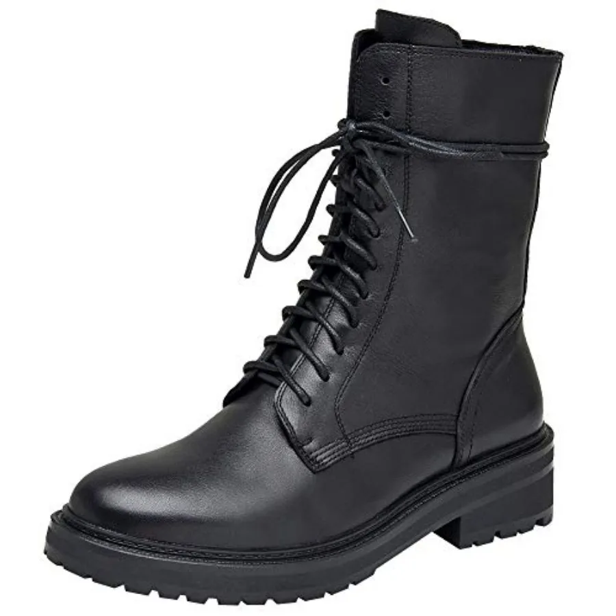 

rismart Women's Mid Calf Military Boots Leather Lace Up Motorcycle Combat Shoes